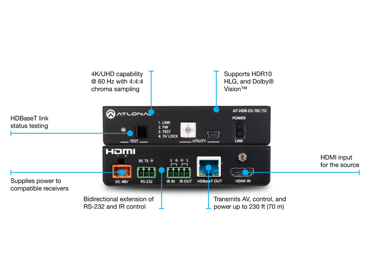 Atlona AT-HDR-EX-70C-TX HDBaseT Transmitter / 4K HDR 60 4:4:4 / IR RS232 / PoE / 130ft - Image 2