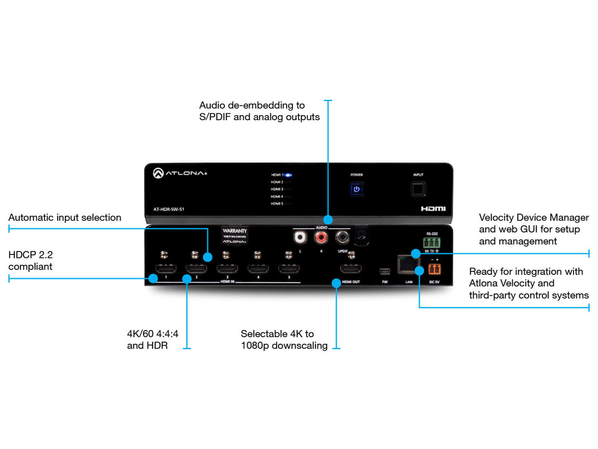 Atlona AT-HDR-SW-51 5x1 4K HDR HDMI Switcher / 4K@60 4:4:4 / 4K->1080p Downscale / Audio De-embed - Image 2