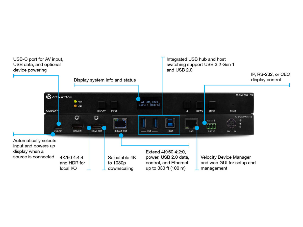 Atlona AT-OME-SW21-TX HDBaseT 2x1 Switcher USB-C / HDMI Inputs / Mirrored HDMI Output / USB 3.2 Hub - Image 2