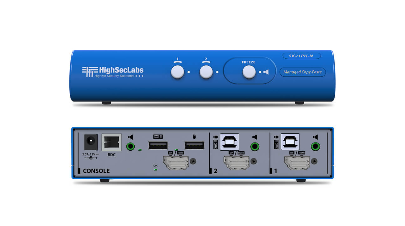 High Sec Labs SK21P-N 2-Port DisplayPort 1.2 KVM Switcher 4K@30Hz USB Keyboard/Mouse Audio/Mic Clipboard