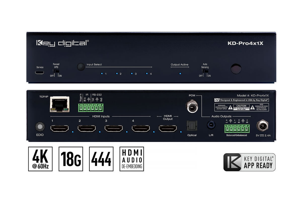 Key Digital KD-Pro4x1X-3 4x1 4K/18G HDMI Switcher / Auto-Switching / Audio De-Embed / HDR10 Dolby Vision / HDCP 2.2 - Image 2