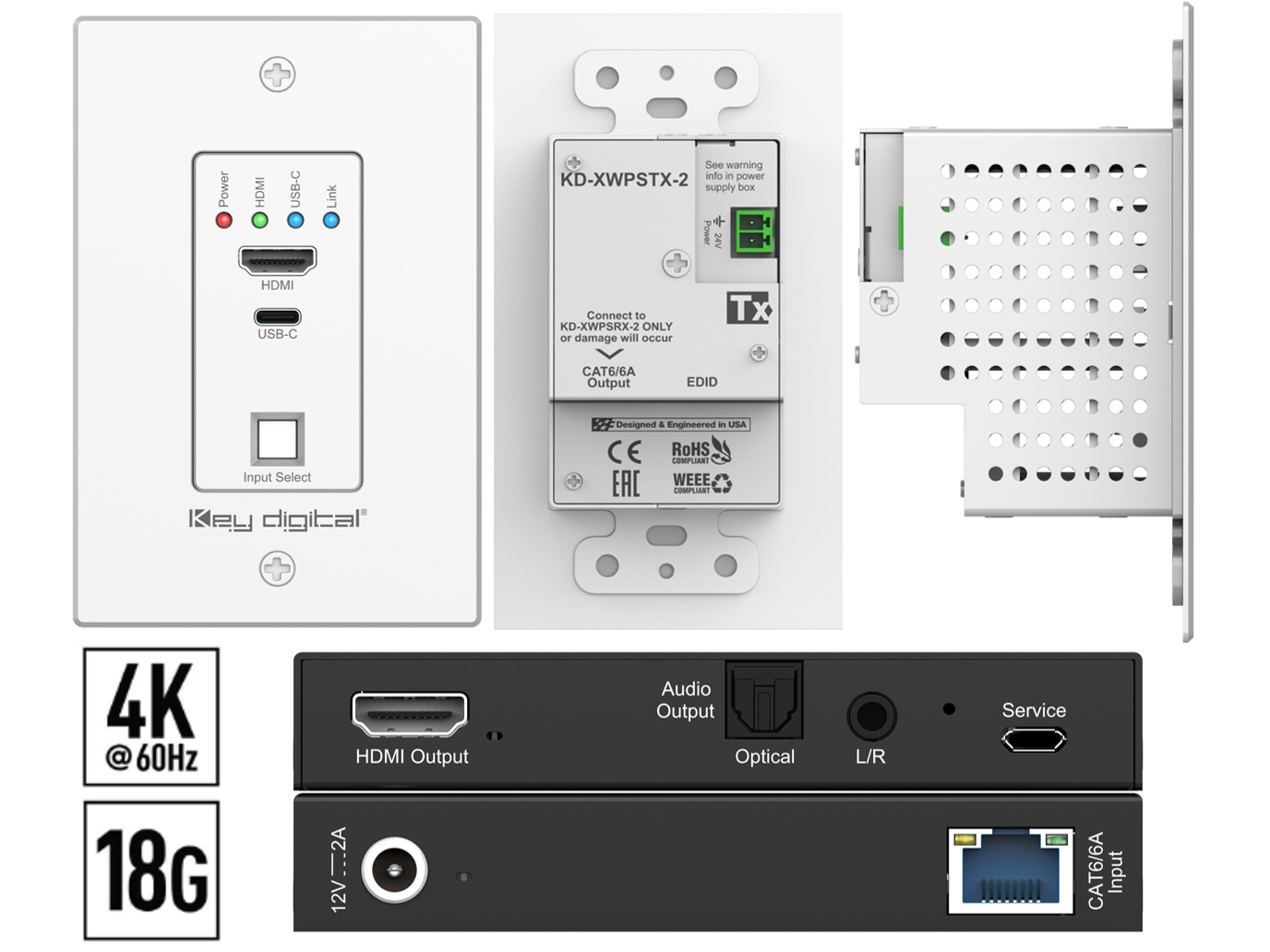 Key Digital KD-XWPS-2 HDMI USB-C Wall Plate Extender Kit / 4K60 4:4:4 Over CAT6 164ft / Audio De-Embed