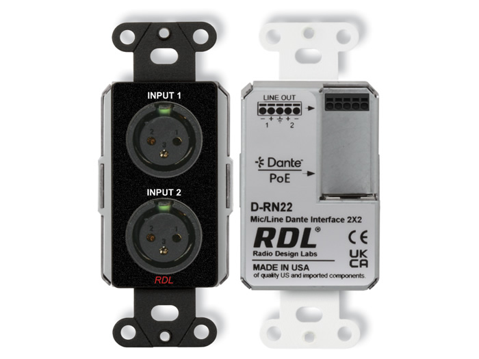 RDL DB-RN22 Wall-Mount Bi-Directional Mic/Line Dante AES67 Interface 2x2 PoE
