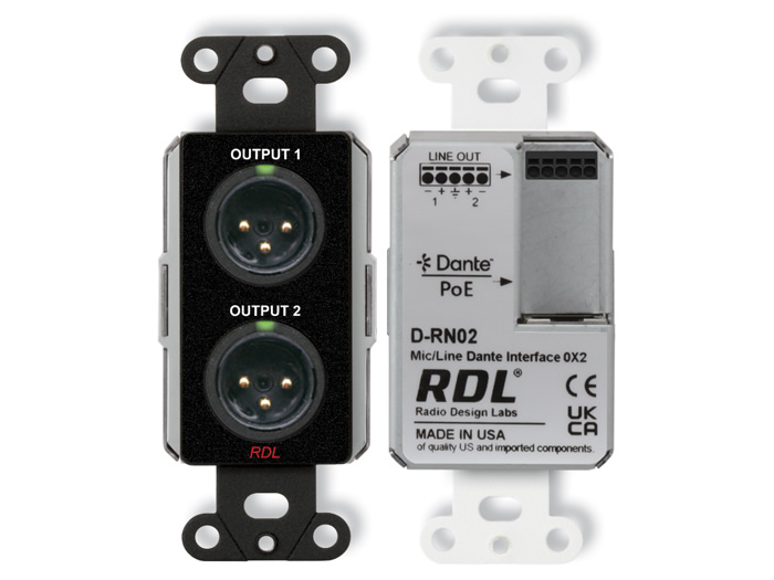 RDL DB-RN02 Wall-Mounted Dante / AES67 Mic/Line Interface 2 XLR Outputs PoE 24-bit 44.1-96kHz
