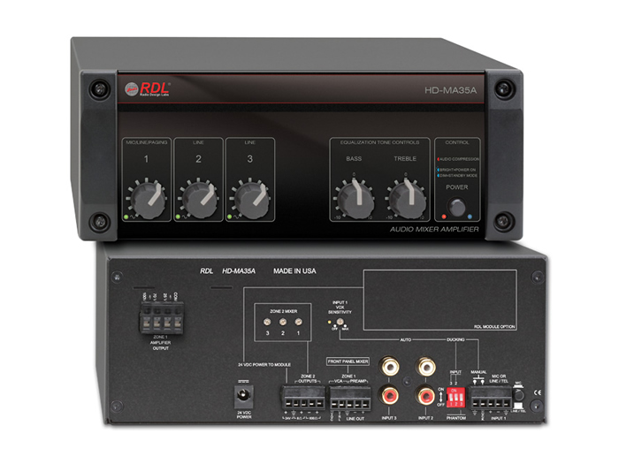 RDL HD-MA35AX 35W Mixer Amplifier / 2-Zone Class D / VCA Remote / VOX Ducking / 24V PSU