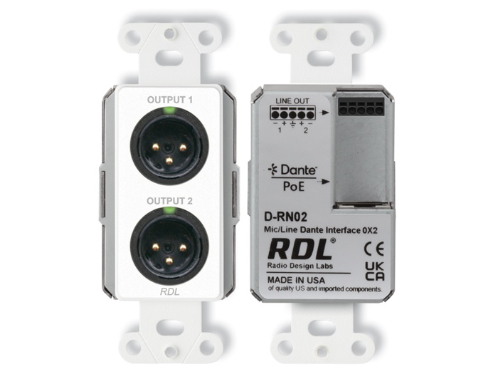 RDL D-RN02 Wall-Mounted Dante / AES67 2-Channel Mic / Line Output Interface PoE