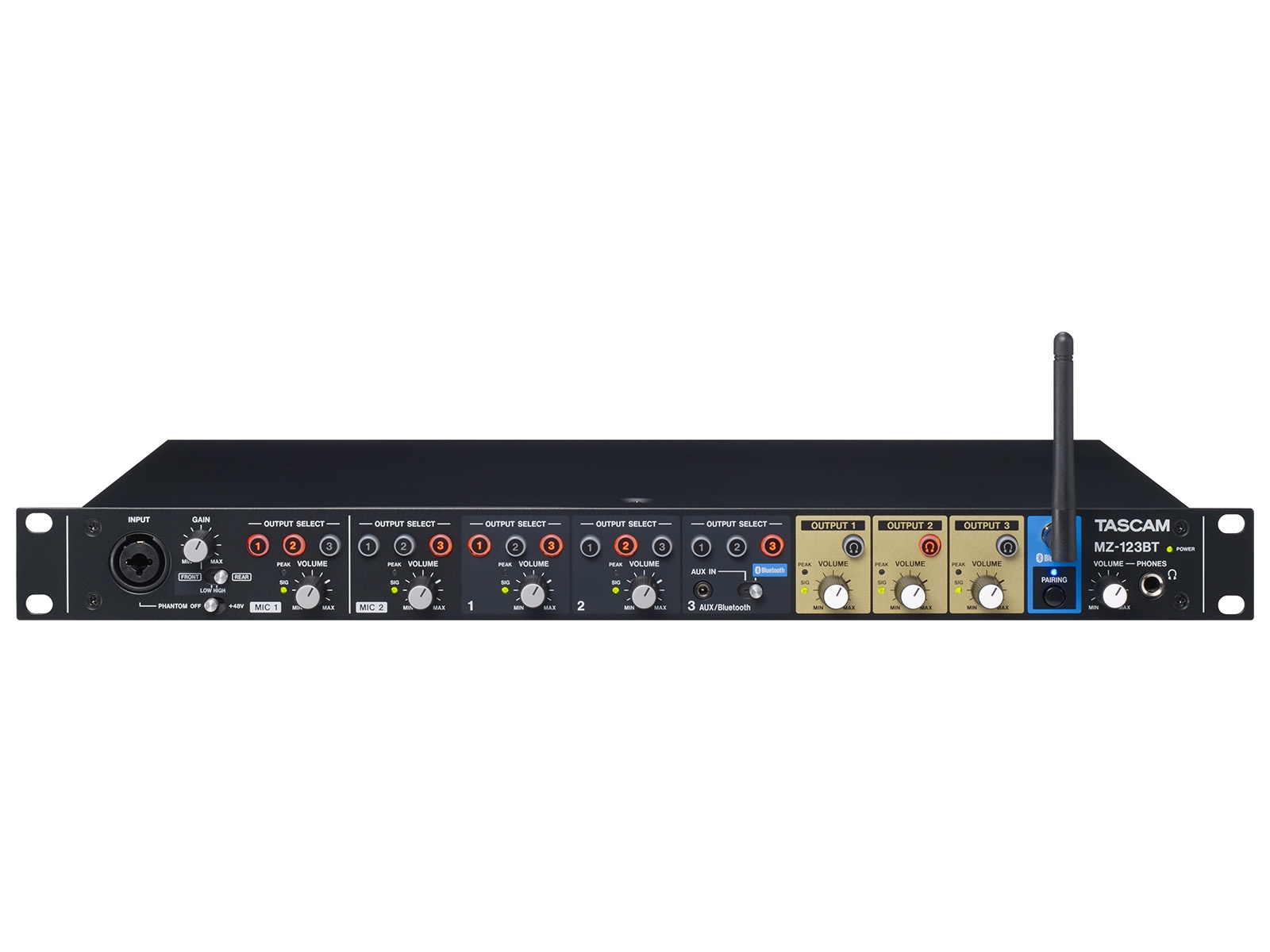 TASCAM MZ-123BT 3-Channel Rackmount Multi-Zone Mixer Bluetooth 2 Mic Inputs Headphone Monitor 1U