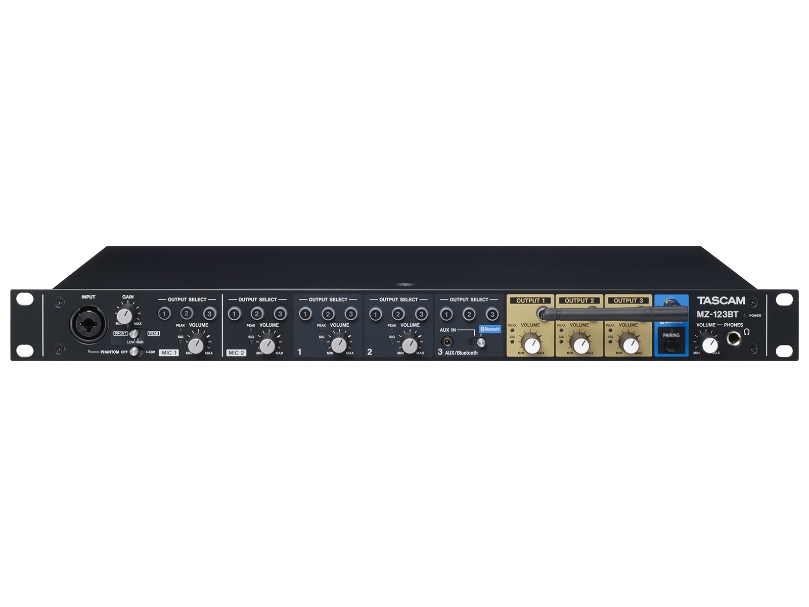 TASCAM MZ-123BT 3-Channel Rackmount Multi-Zone Mixer Bluetooth 2 Mic Inputs Headphone Monitor 1U - Image 3