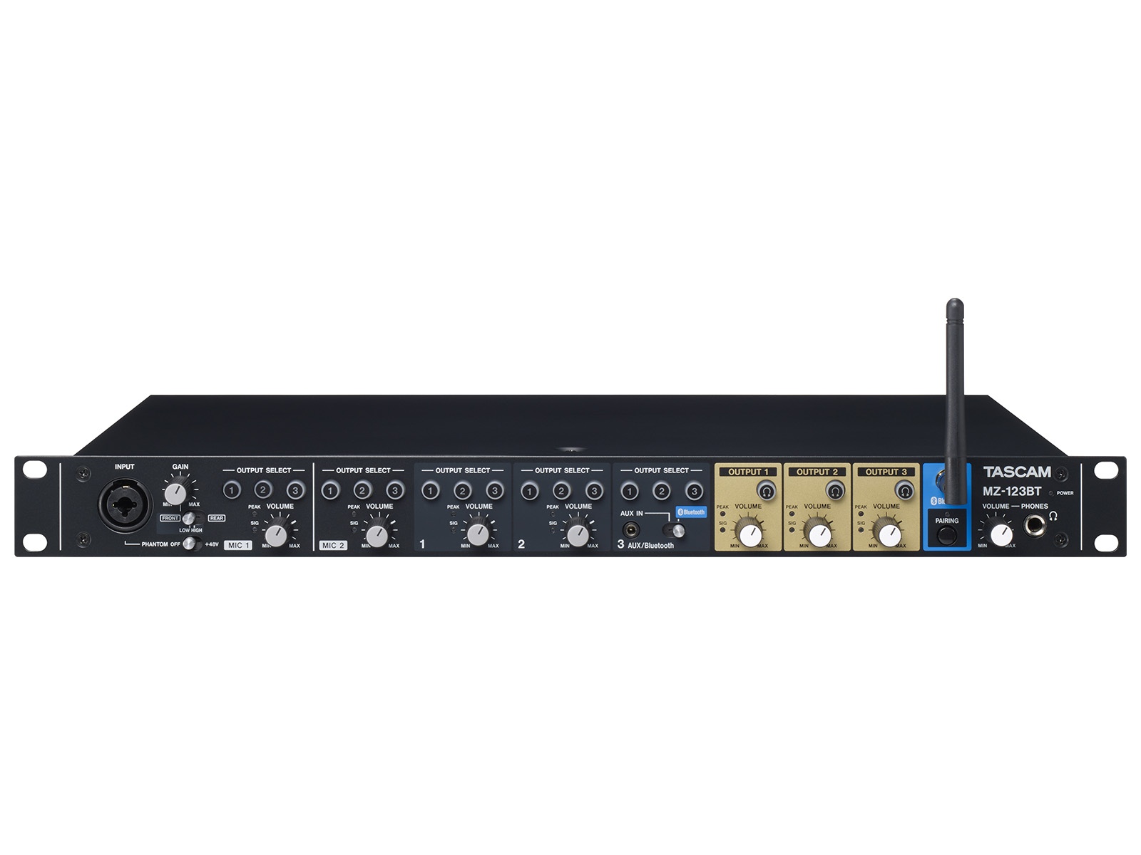 TASCAM MZ-123BT 3-Channel Rackmount Multi-Zone Mixer Bluetooth 2 Mic Inputs Headphone Monitor 1U - Image 4